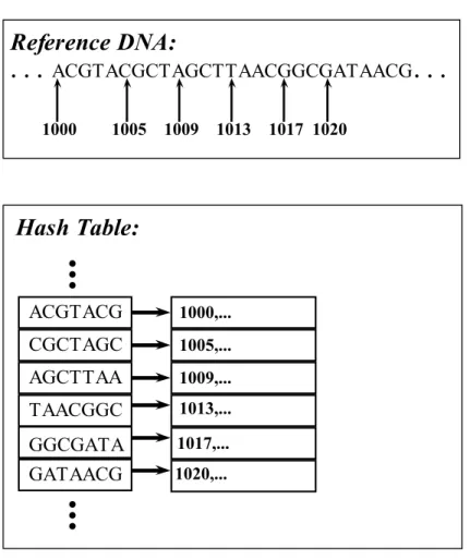 Figure 2.4: Portion of a sample hash table. Here are several reference genome fragments are stored as keys and their locations in reference DNA are stored as values