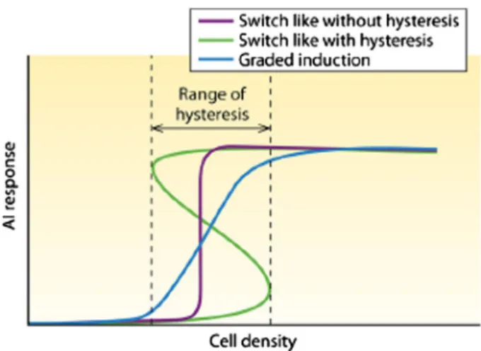Fig. 7 Nonlinear dynamics of the activation of a generic QS (auto-inducer) system, following Hense and Schuster (2015), who argue there exist core principles in all bacterial autoinducer systems