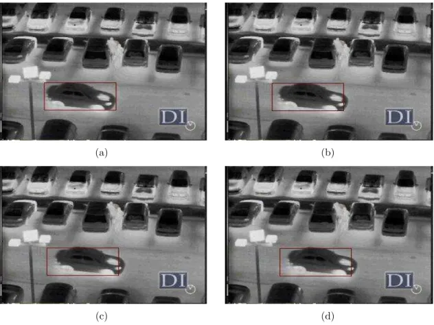 Figure 2.10: Tracking the car on the parking lot: (a) frame 1, (b) frame 3, (c) frame 5, and (d) frame 9.