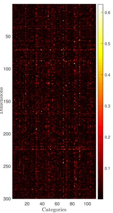 Figure 2.2: Semantic category weights (W B 300×110 ) for 110 categories and 300 embedding dimensions obtained using Bhattacharya distance