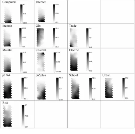 Figure 4  Kohonen components maps (by group on each row: Digital development, Economic,  Infrastructure, Demographic and Risk) 