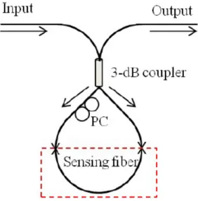 Figure 2.3: Schematic structure of Sagnac interferometric sensor Light from the source is split into a clockwise (CW) and a  counterclock-wise (CCW) signal by an optical coupler