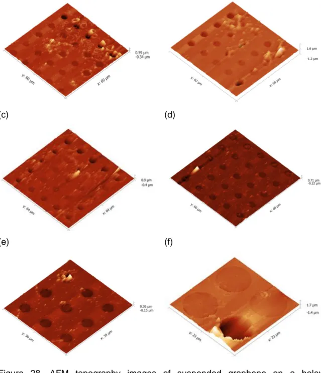 Figure  28.  AFM  topography  images  of  suspended  graphene  on  a  holey  SiO2/Si3N4/Si  frame  (a-b)  After  the  single  acetone  wash,  (c-f)  After  the  double  acetone wash