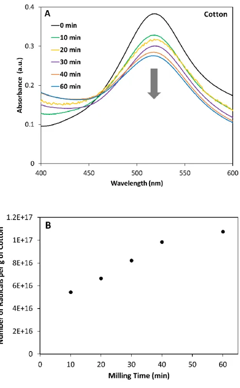 Figure  8.  (A)  UV-Vis  spectra  of  the  DPPH  solutions  (initial  concentration  after  dilutions  was  3.2x10 -5   M)  that  were  wet  cryomilled  (30  Hz  frequency  in  the  presence of 6 zirconia balls in the zirconia sample chamber at 77 K) with 