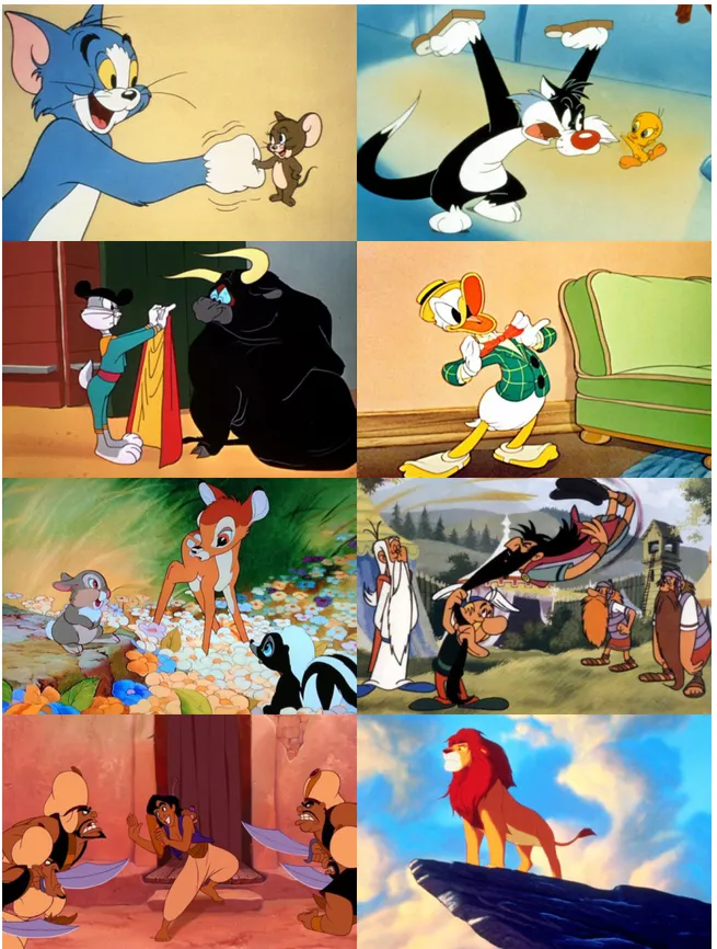 Figure 1. Cartoons before 3D-CGI. From left to right and top to bottom: Tom and Jerry,  Tweety (Looney Tunes), Bugs Bunny (Looney Tunes), Donald Duck, Bambi (1942),  Astérix le Gaulois (1967), Aladdin (1992), Lion King (1994) 
