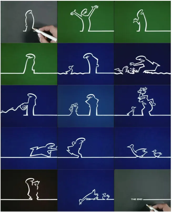 Figure 3. La Linea, Episode 108 (1978) by Osvaldo Cavandoli (follows from left to right,  top to bottom) 