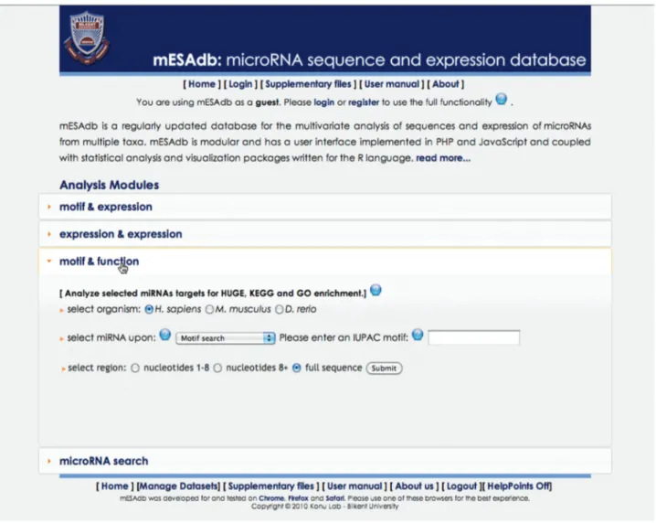 Figure 1. Screenshot of the mESAdb main page. The modules, ‘motif-expression’, ‘expression-expression’, ‘motif-function’ and ‘microRNA search’, are shown.