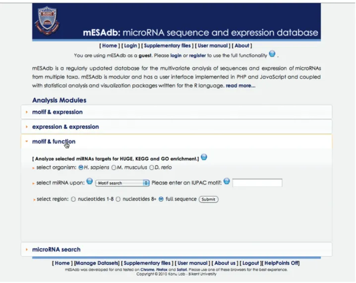 Figure 1. Screenshot of the mESAdb main page. The modules, ‘motif-expression’, ‘expression-expression’, ‘motif-function’ and ‘microRNA search’, are shown.