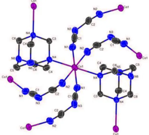 Figure  14.  Cobalt  center  coordination  and  binding  ways  to  hmt  and  dicyanamide  (Hydrogen atoms are not illustrated for the sake of simplicity) 