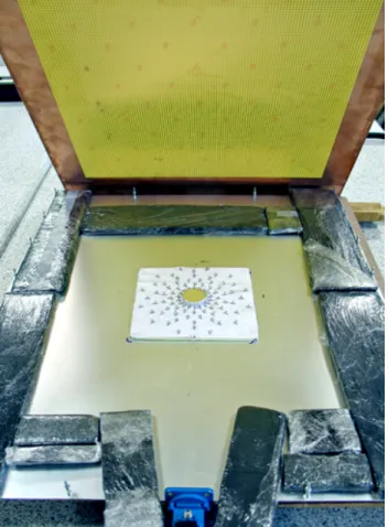 Figure 6: The cloak measurement setup. The upper plate of the parallel-plate waveguide (lifted to show the interior) is made of a  metallic grid on a dielectric plate