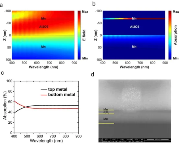 Figure 2.7: Simulated (a) electric field intensity and (b) absorption distribution in the  cross  section  of  the  optimal  MIM  structure  as  a  function  of  wavelength,  (c)  contribution  of  top  and  bottom  metal  layers  in  the  light  absorptio