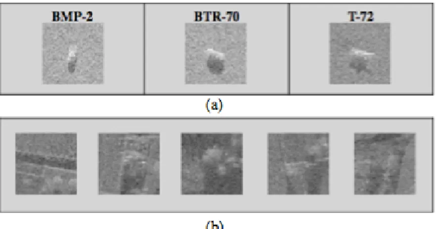 Figure 2.5: Several target and clutter images: (a) Target images of size 128-by- 128-by-128, (b) Clutter images of size 128-by-128.