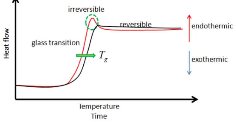 Figure 2-5 DSC curves are given for two different heating rates. T g  is glass transition  temperature and glass transition temperature shift is indicated with an arrow