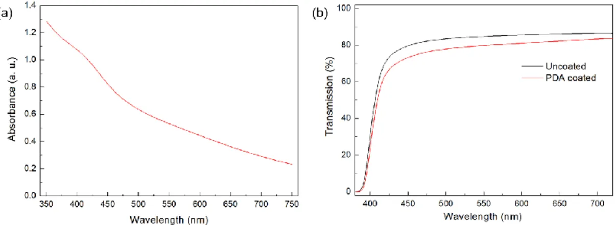 Figure 13: (a) Absorption spectrum of dopamine solution, which is polymerized for 24 hours,  showing the broad absorption of PDA