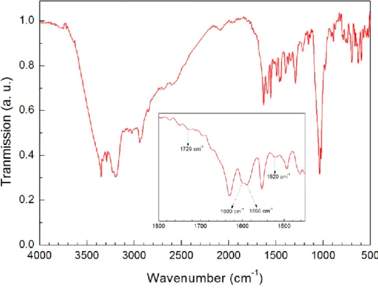 Figure 14: FTIR spectrum of PDA powder, which is polymerized for 24 hours. Inset shows  the assigned peaks