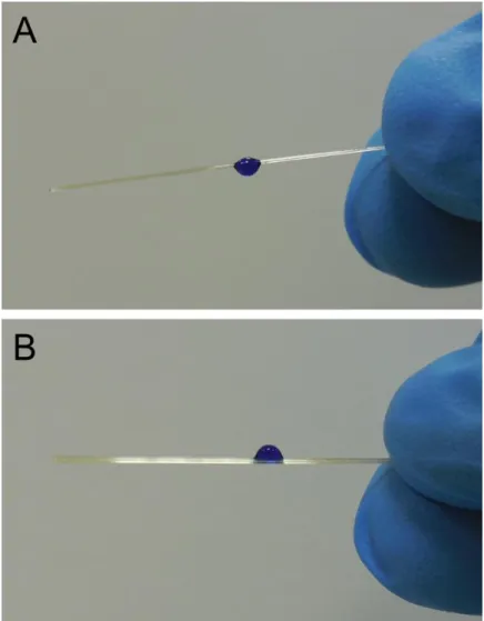 Figure 16: Colored water droplets (3 µL) on (A) PDA coated smooth and (B) uncoated star- star-shaped fibers, indicating that for complete wetting of fiber surface both V - groove structure  and PDA coating is essential