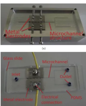 Fig. 8. The DEP-based microﬂuidic device with 3D electrodes fabricated by machin- machin-ing: (a) the mold together with the electrodes, (b) the assembled device.
