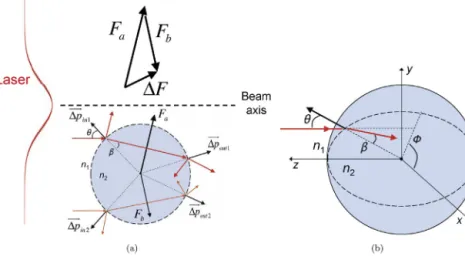 Fig. 5. (a) The light rays with different intensities result in different force vectors, the vector sum of the forces pulls the particle to the beam axis while also pushing it in the direction of beam propagation