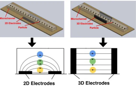 Figure 1.3: Electric field within a microchannel with planar and 3D sidewall electrodes