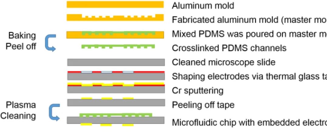 Figure 2.1: Demonstration of fabrication steps of microfluidic chip with embedded electrode