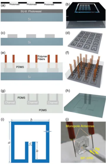 FIG. 1. 共Color online兲 Fabrication steps of MF-SRRs. 关共a兲 and 共b兲兴 MF-SRR patterns on SU-8 50 photoresist, by using photolithography