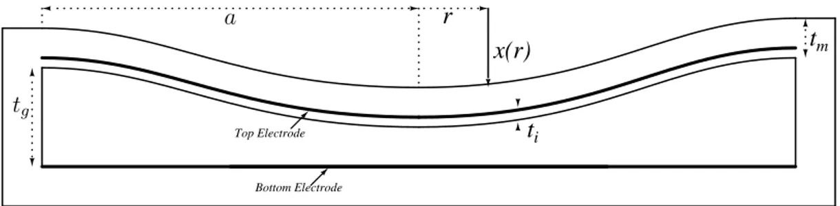 Figure 2.1: Geometrical parameters of a circular capacitive micromachined ultra- ultra-sound transducer (CMUT) in two dimensional view [1, 2, 3]
