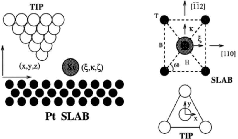 Figure 6:  A schematic description of the STM tip, the Xe atom and the Pt( 111) surface