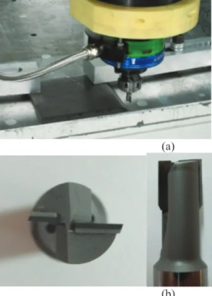 Figure 3. Details related to slot milling experiments: (a) Experimental  test setup, (b) Zero rake and helix angle PCD cutting tool 