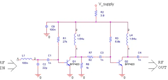 Figure 3.7: Schematics of the preampliﬁer: The preampliﬁer consists of two cas- cas-caded BFP420 transistors with an low-noise matching circuit in front