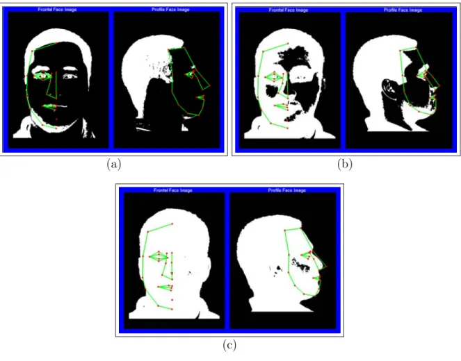 Figure 4.7: Intensity peak images with diﬀerent thresholds on a sample face: (a) low threshold, (b) average threshold, and (c) high threshold.
