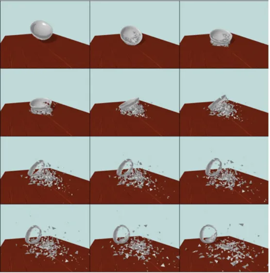 Figure 6.1: Ceramic bowl breaking upon falling to the ground (Animation gen- gen-erated by the slow algorithm)