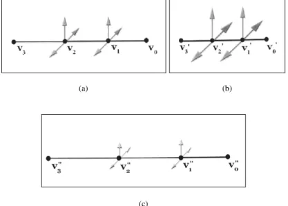 Fig. 7.13. Deformation of an action line and force ﬁeld changes: (a) rest position and initial force ﬁelds of an action line, (b) the action line shortens and forces increase due to muscle contraction, and (c) the action line lengthens and forces decrease 