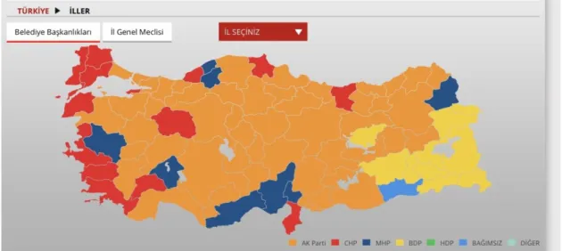 Figure 1. Map of municipal elections in Turkey in 2009. Color yellow is for JDP/AKP and red is for  RPP/CHP