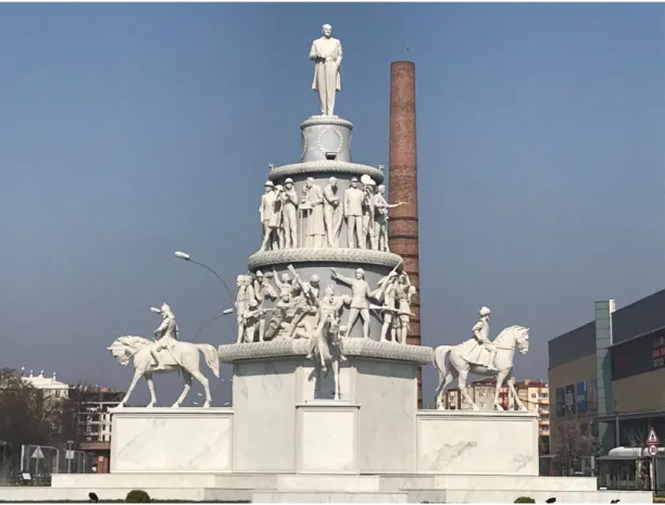 Figure 7. The Ulus Monument with an old factory chimney and Espark Mall. Photo by author, April 3,  2019