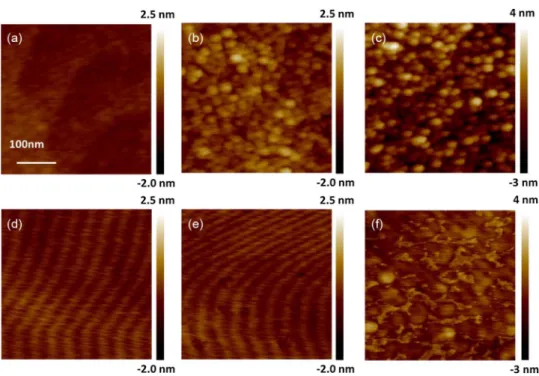 Fig. 3. AFM images of p-GaN surface after ITO deposition with 1 nm ITO (a) before and (d) after an- an-nealing, 5 nm ITO (b) before and (e) after anan-nealing, and 10 nm ITO (c) before and (f) after annealing.