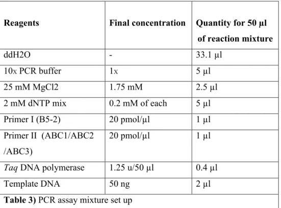 Table 3) PCR assay mixture set up 