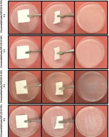 Figure 10. Representation of dissolution behavior of cinnamalde- cinnamalde-hyde/CD-IC NF mats when contacted to water soaked absorbent paper (the pictures were captured from the Video S2)
