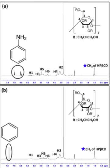 Fig. 3. Representative 1 H-NMR spectra of (a) aniline and (b) benzene exposed HP β CD/DMF-NF which were taken in d6-DMSO
