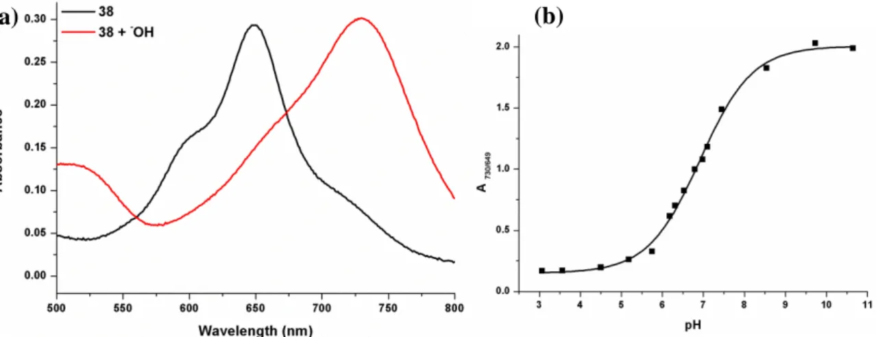 Figure 20. Electronic absorption spectra of deprotonated and neutral compound 38 in micelle in  water (a) and the pH titration curve of the same compound (b)
