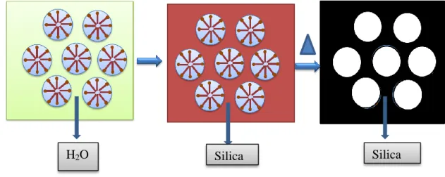 Figure 1.2.1: The illustration of true liquid crystalline templating method. The  formation of liquid crystalline phase of surfactant (left),  inclusion of inorganic  precursor to liquid crystal phase (middle), and polymerization of inorganic precursor 