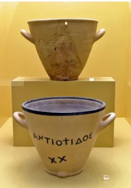 Figure 5. A display of two outflow water clocks from the Ancient Agora Museum in Athens