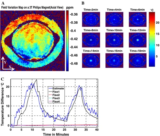 Fig. 6 a Magnetic field changes in the x–y (axial) plane at the end of the MR thermometry experiment on the 3 T Philips system (magnet is in an initial thermal stable condition)