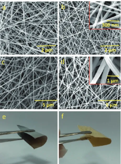 Figure 2. SEM images of a) pristine Nylon NF, b) Pd-Nylon NF, c) pristine PAN NF, and   d) Pd-PAN NF