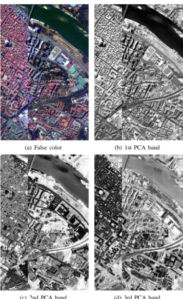 Fig. 2. False color image (generated using the bands 68, 30 and 2) and the PCA bands of the Centre data set