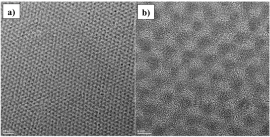 Figure 3.1.1.1. TEM images of CdSe/CdS QDs with a) 20 nm and b) 5 nm scale bar. 