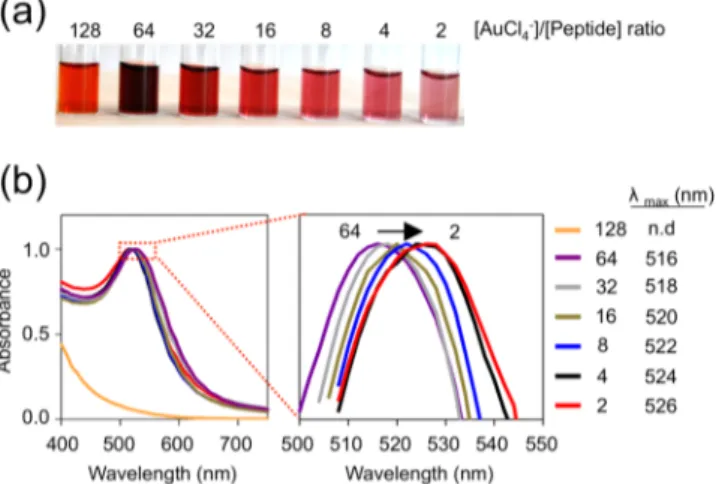 Figure 3. Size-controlled one-pot synthesis of MDP functionalized AuNPs. (a) Size-dependent color development in the reaction tubes.