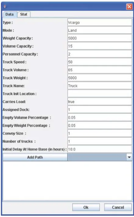 Figure  32  is  a  screen  capture  of  the  GUI  where  the  user  can  select  breakdown  probabilities,  their  maintenance  delay  times  and  load/unload  times  for  trucks.    All  standard  probability  distributions  are  supported.    Creation  o