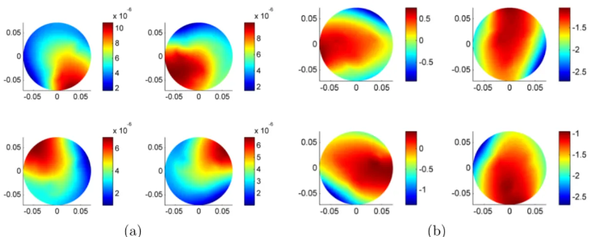 Figure 3.2: (a) B 1 − magnitude distributions (T) (b) B 1 − phase distributions (rad) of each channel.