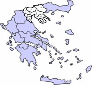 Fig. 3. Administrative region of Central Macedonia in North Greece and its seven prefectures: (1) Pieria, (2) Imathia, (3) Pella, (4) Kilkis, (5) Thessaloniki, (6) Chalkidiki, and (7) Serres.