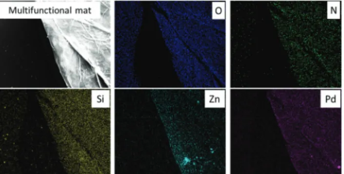 Fig. 4 Representative SEM image and EDX mapping for each atom for PdNC@ZnONP@SiQD@Nylon 6,6-NF except the C atom.